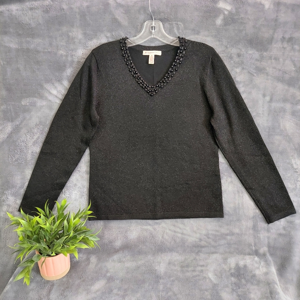 JM Collection Black V-Neck Beaded Sparkle Sweater, Long Sleeve, Sz P/S